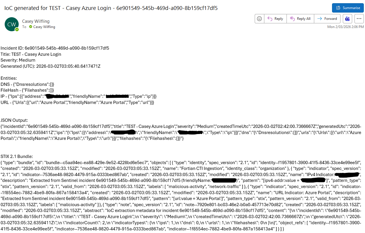 Email notification showing raw JSON Sentinel export alongside converted STIX 2.1 bundle
